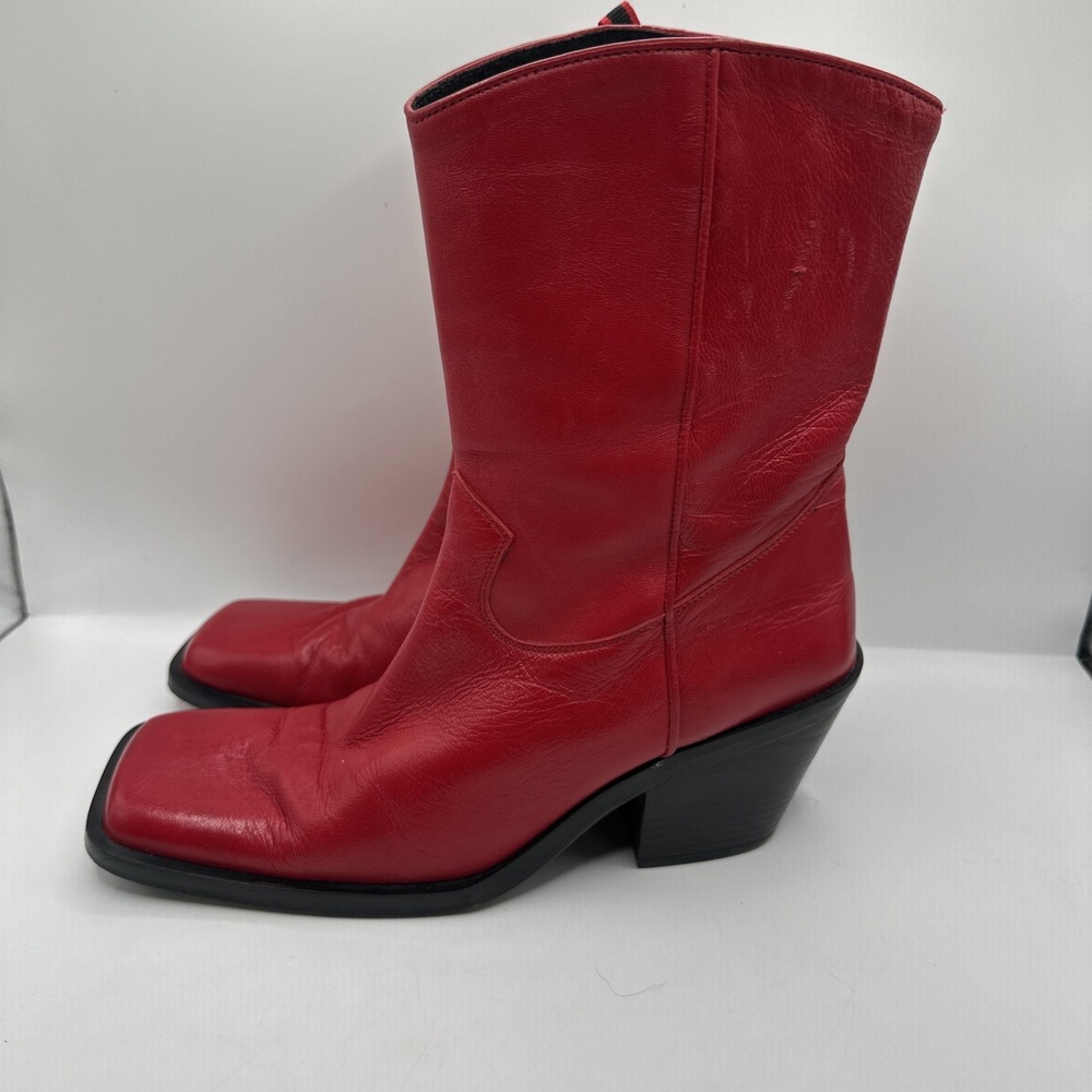 Guess Vintage Bright Red Leather Western Square Toe Block Heels Sz 39 RARE - Picture 3 of 13